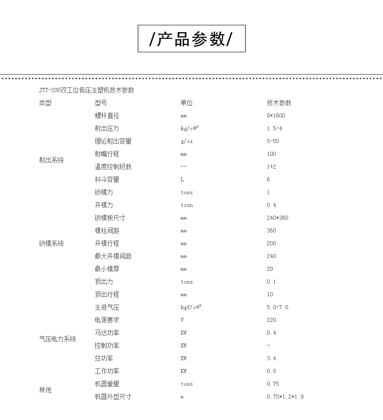 JTT-200產品參數