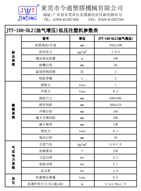 JTT-100-DLZ(油氣增壓)低壓注塑機參數表